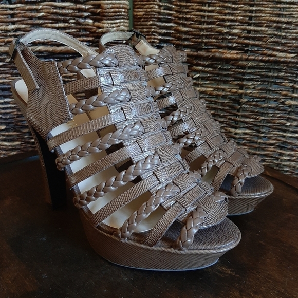Colin Stuart Gladiator Caged Peep Toe Platform Heels Leather Sandals 8 Brown - Picture 2 of 10